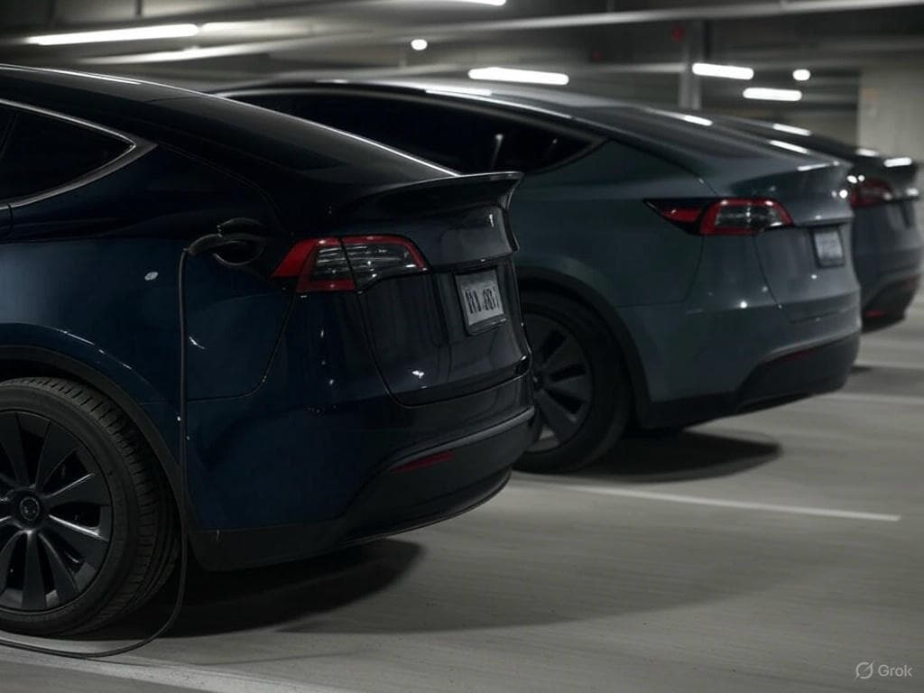 Tesla charging in a modern parking garage